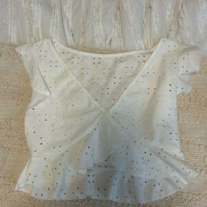 White Eyelet Ruffle V-Neck Women's Top